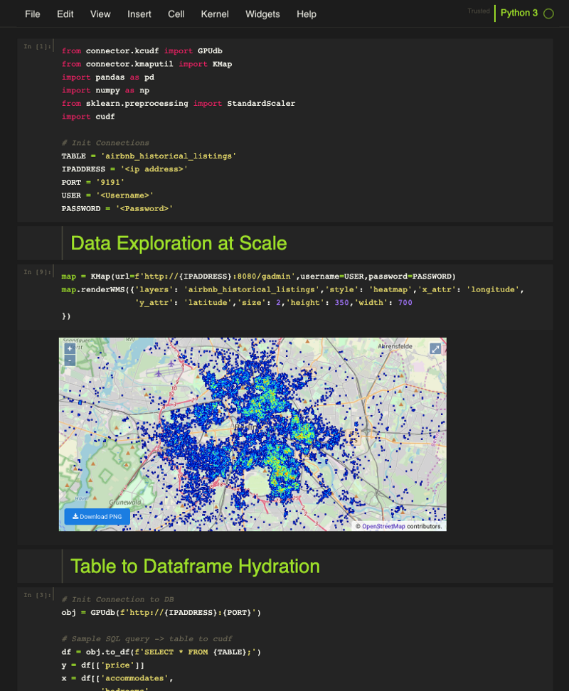 Kinetica native Jupyter notebooks pre-configured with a live RAPIDS environment