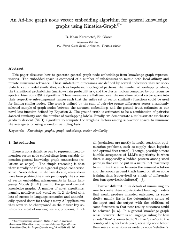 An Ad-hoc graph node vector embedding algorithm for general knowledge graphs using Kinetica-Graph